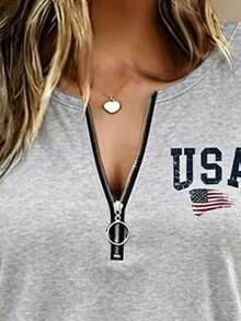 EMERY ROSE Women's Colorblock American Flag Letter Print Round Neck Short Sleeve T-Shirt Summer Top With V-Neck Zipper Design Everyday Vacation Grey Casual - Multicolor - View 3