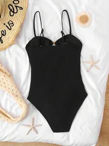 SHEIN 青少年女孩度假環飾鏤空抓皺連身泳衣海灘裝，女孩度假套裝上衣緊身連身衣 - 黑色 - 查看 3