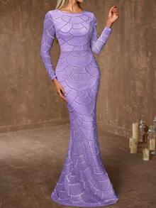 Coutiva Women's Beaded Decor Round Neck Long Sleeve Elegant Formal Evening Gown (Heavy Workmanship Style) - Mauve Purple - View 6