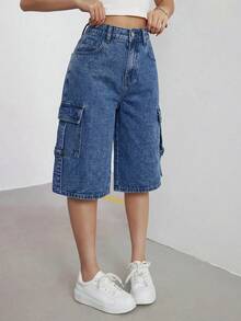 SHEIN Quần short denim túi cargo cúc cài đa năng dài đến gối thời trang cho nữ thiếu niên - Rửa tối - Xem 1