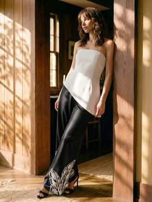 CAJUNI Women's Tropical Plant Print Elegant Satin Flare Pants Party Black And White Autumn - Black - View 3
