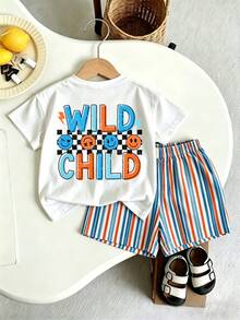 Young Boy Fashionable Minimalist Korean Style Square Plaid Colorful English Slogan Print, Round Neck Short Sleeve T-Shirt Paired With Vertical Stripe All-Over Print Sports Pants Set, Suitable For Holiday Gatherings, Parties, Easy And Comfortable, Summer Essential Choice, Casual Wear, Streetwear, Back To School, Outdoor Picnic, Street Photography, Campus, Holiday, Gift - Multicolor - View 1