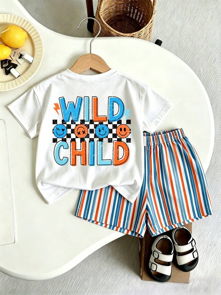 Young Boy Fashionable Minimalist Korean Style Square Plaid Colorful English Slogan Print, Round Neck Short Sleeve T-Shirt Paired With Vertical Stripe All-Over Print Sports Pants Set, Suitable For Holiday Gatherings, Parties, Easy And Comfortable, Summer Essential Choice, Casual Wear, Streetwear, Back To School, Outdoor Picnic, Street Photography, Campus, Holiday, Gift - Multicolor - View 1