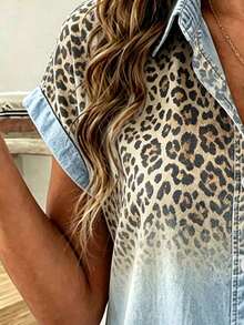 EMERY ROSE Women's Casual Printed Shirt, Summer New Blouse, Denim-Like Leopard Print Pattern, Suitable For Business, Shopping, Holidays, Short Sleeve Shirt - Multicolor - View 4