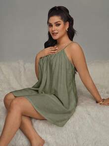 HautHeat Plus Size Women's Solid Color Pleated Casual Cami Nightgown - Army Green - View 4