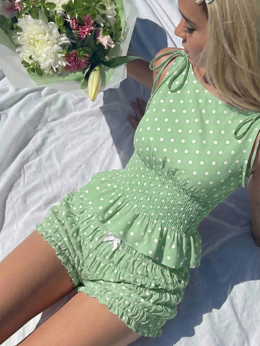 SHEIN MOD 女款度假休閒波點印花背心上衣與短褲兩件組 - 綠色 - 查看 1