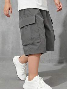 SHEIN Teen Boy Solid Color Elastic Waist Summer Casual Wide Leg Cargo Shorts - Grey - View 1