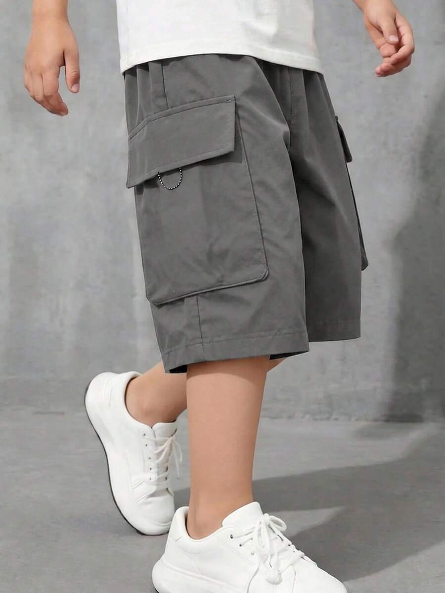 SHEIN Teen Boy Solid Color Elastic Waist Summer Casual Wide Leg Cargo Shorts - Grey - View 1