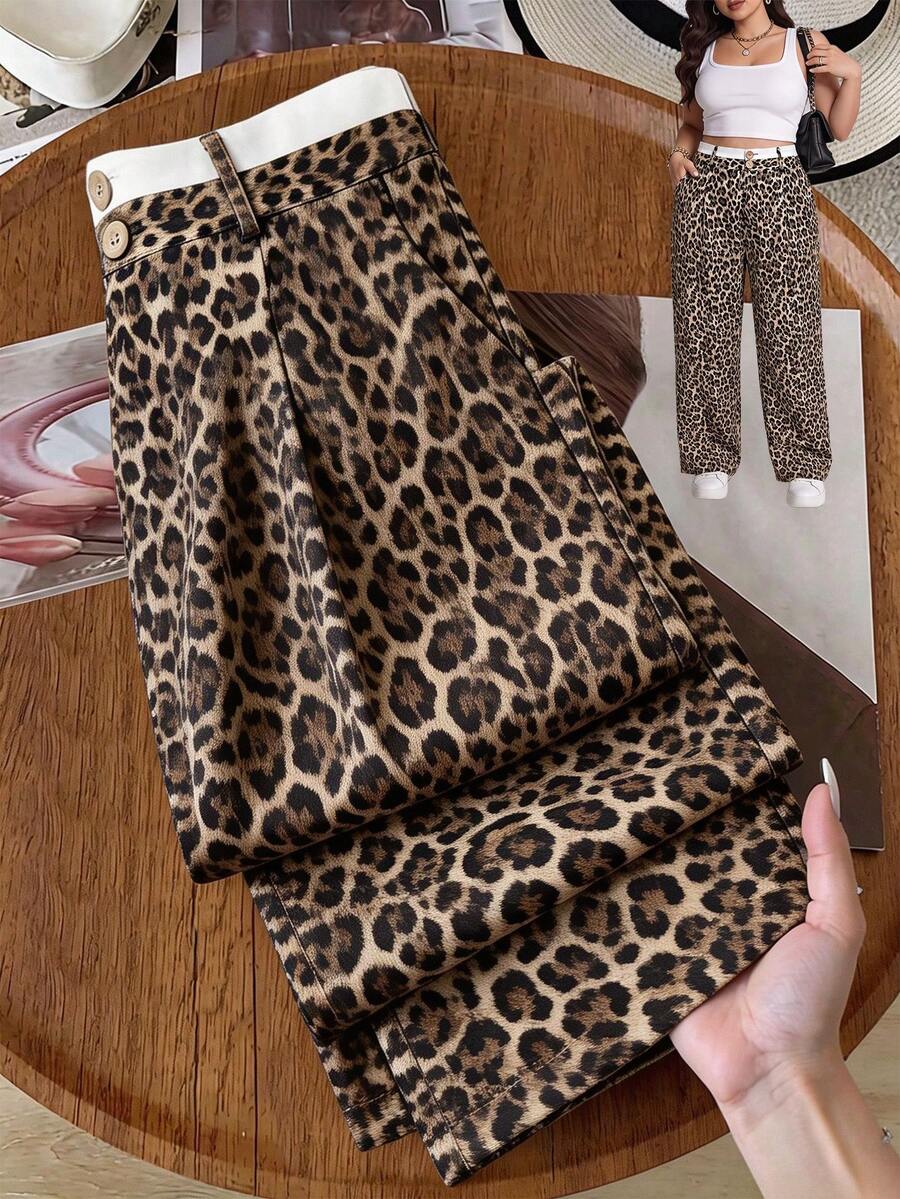 EMERY ROSE Plus Size Leopard Print Patchwork White Contrast Color Women's Straight Leg Casual Pants With Contrast Waistband, Vacation Office Commute Style Fall - Multicolor - View 1