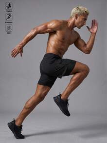Acti Log Manfinity Fitness 男士抽绳腰带二合一运动弹力短裤，带手机口袋，适合健身、篮球等运动，轻便透气，可装洗手液，适合上学穿着。 - 黑色 - 查看 3