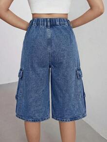 SHEIN Quần short denim túi cargo cúc cài đa năng dài đến gối thời trang cho nữ thiếu niên - Rửa tối - Xem 2