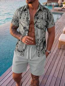 Oro Vacation 男士葉子印花短袖襯衫與抽繩腰短褲休閒度假海灘套裝 - 灰色 - 查看 2