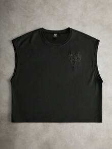 PAVTROS Manfinity Streetrush 男款黑色夏季街頭風城市度假蜘蛛網與愛心刺繡背心，寬鬆版型，2000年代風格，送給男友丈夫的禮物，度假穿搭 - 黑色 - 查看 8