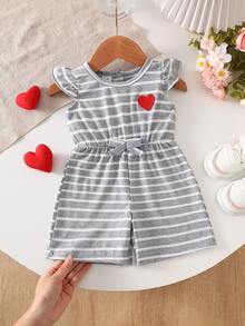 SHEIN Baby Girl Casual Striped Heart Print Romper Spring Summer - Light Grey - View 3