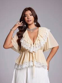 Viva Relle Plus Size Women's Sexy Celestial Elegant Bow Lace Trim Blouse Date Night Brunch Formal Wedding Guest All White Summer - Apricot - View 4