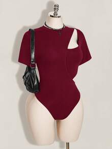 SHEIN ICON Women's Plus Size Solid Color Hollow Out Casual Versatile Daily Outing Short Sleeve Bodysuit - Burgundy - View 6