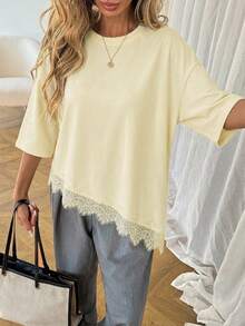SHEIN LUNE Women's Casual Solid Color Asymmetrical Hem Lace Patchwork T-Shirt, Basic Everyday Wear For Spring & Summer - Apricot - View 3