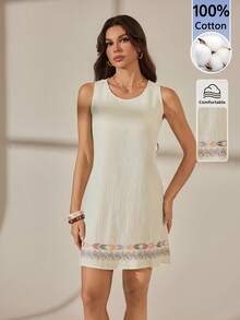 SHEIN Tall Women's Cotton-Linen Textured Sleeveless Tank Dress,Apricot Summer Boho Holiday Vacation,Bohemian Style Beach Resort Wear,Casual Fashion Street Look, Tall Women - Apricot - View 6