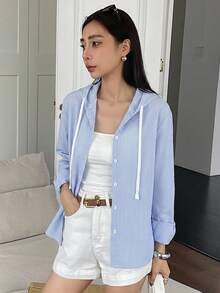 DAZY 女款休閒通勤條紋長袖連帽襯衫 夏季 - 藍白色 - 查看 5