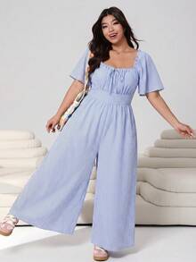 SHEIN EZwear 藍色休閒女款大尺碼條紋前綁帶短袖連身褲 - 彩色 - 查看 8