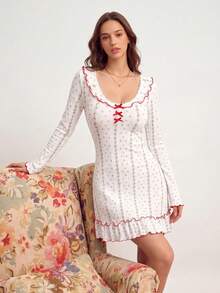 Elorette Romantic Women's Short Dress With Floral Pattern, Bow Decor And Ruffle Hem Long Sleeve Nightgown, Winter - White - View 3