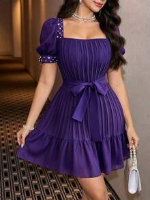 Modelyn Purple Square Neck Pearl Decor Lace-Up Waist Puff Short Sleeve Pleated Textured Fabric Women's Short Dress Dinner Date Deep Purple Summer Elegant - Purple - View 5