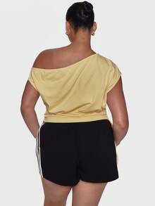 MUSERA Yellow Off The Shoulder Graphic Slogan Printed Cinched Ruched Waist Top - Yellow - View 2