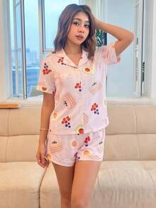 女童甜美可爱优雅休闲舒适柔软透气多色卡通奇异果、蓝莓、牛奶蛋糕印花针织开衫短袖上衣和短裤睡衣套装，2件套 - 彩色 - 查看 8