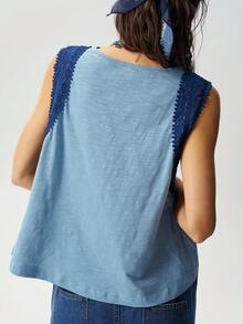 Bohemela Lässiges einfarbiges gestricktes V-Ausschnitt ärmelloses locker sitzendes Damen Tanktop - Blau - Übersicht 6