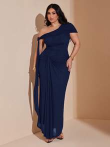 SHEIN BAE Plus Size Women's Coffee Brown Mesh Asymmetrical Asymmetrical Shoulder Dress, Elegant Valentine's Day Dress - Navy Blue - View 3
