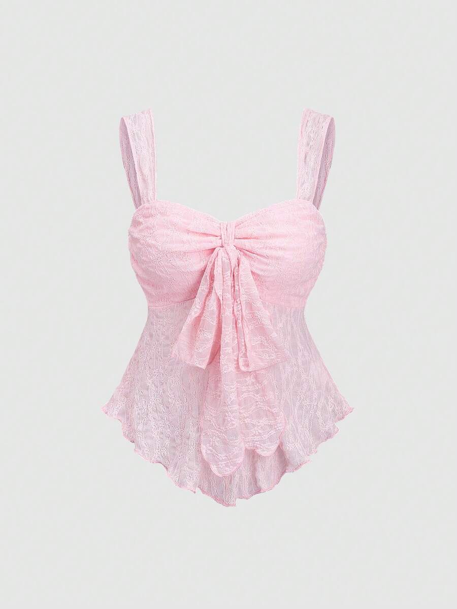 Sweetra Spring/Summer New Wide Strap Bow Textured Fabric Top, Sweet And Fashionable, Suitable For Daily Wear - Baby Pink - View 1