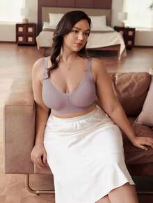 Slumbrini Plus Size Soft Support Wireless Bra, Seamless Lace Patchwork Bra, Backless Lift And Enhance Bust - Khaki - View 4