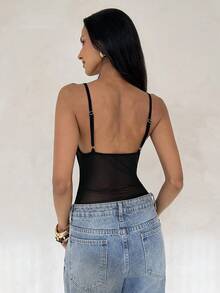Aloruh Black Lace Bodysuit Sexy Bra Cup Mesh Patchwork - Black - View 2