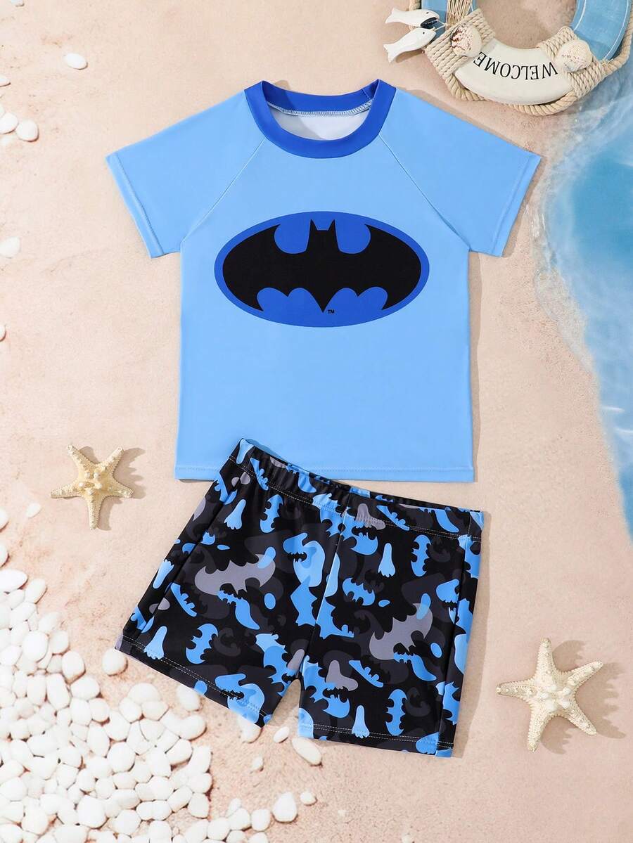 BATMAN X SHEIN GraphicGems Young Boy Cartoon Print Raglan Short Sleeve Top And Shorts Swimsuit Set Suitable For Beach Vacation Holiday Party Pool - Multicolor - View 1