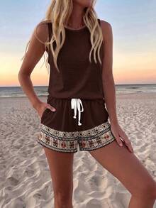 SHEIN LUNE Casual Boho Women's Round Neck Tank Top And Shorts 2 Pieces Set Suitable For Summer Vacation Dark Brown - Brown - View 5