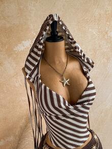 Soleia Top com Capuz, Barra com Babado, Design de Borla e Listras para Mulheres - Castanho - Visão 5