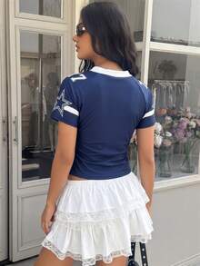 Aidyla 女款深藍色短袖復古撞色V領短版修身T恤 - 藏蓝色 - 查看 2