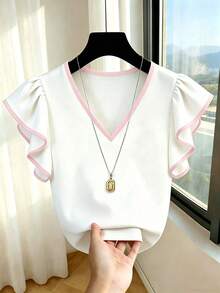 SHEIN Franclia 法式風V領黑白對比荷葉邊短袖雪紡上衣 女款夏季新款通勤顯瘦優雅上衣 - 粉色 - 查看 3