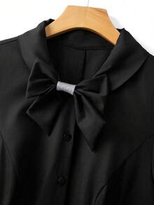 GlowEve CURVE Plus Size Women Bowknot Decor Button Half Placket Short Sleeve Dress - Black - View 3