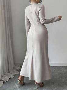 Modelyn Plus Size Elegant Commuter Solid Color Wrap Waist Long Dress Fall - Khaki - View 3