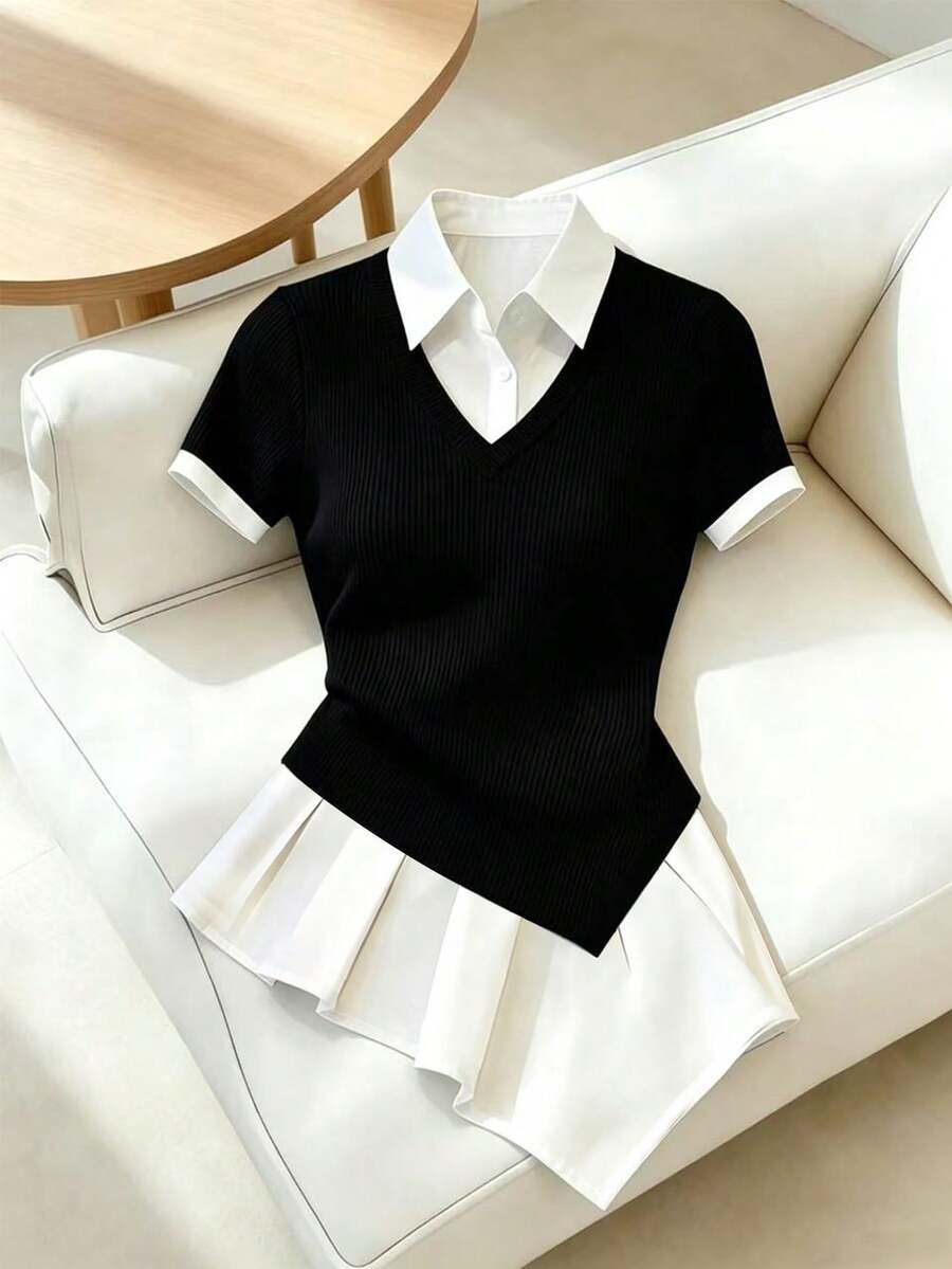 SHEIN Franclia 女款法式優雅黑白拼色 Polo 領短袖不對稱下擺上衣，夏季休閒商務通勤開學穿搭