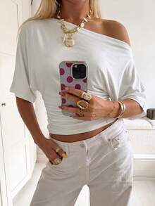 Firerie Camiseta básica casual con hombros holgados, cintura ajustada y fruncida - Blanco - Ver 4