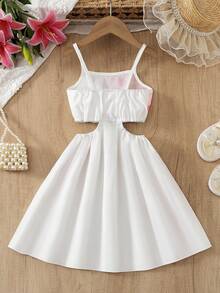 Young Girls Pastoral White Vacation Cami Dress, Big Floral Print Waist Hollow Out Sleeveless Dress For Spring Summer Daily & Travel - Multicolor - View 2