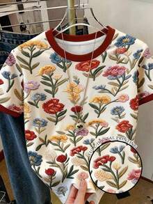 Resyla 杏色短袖T恤，附仿刺繡花卉拼接設計，適合旅行穿著 - 紅色 - 查看 1