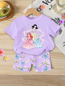 Summer Baby Girl Casual Multi-Piece Set, Brown & Apricot Leopard Print Cartoon Rabbit Pattern, Round Neck Short Sleeve T-Shirt & Shorts - Multicolor - View 2