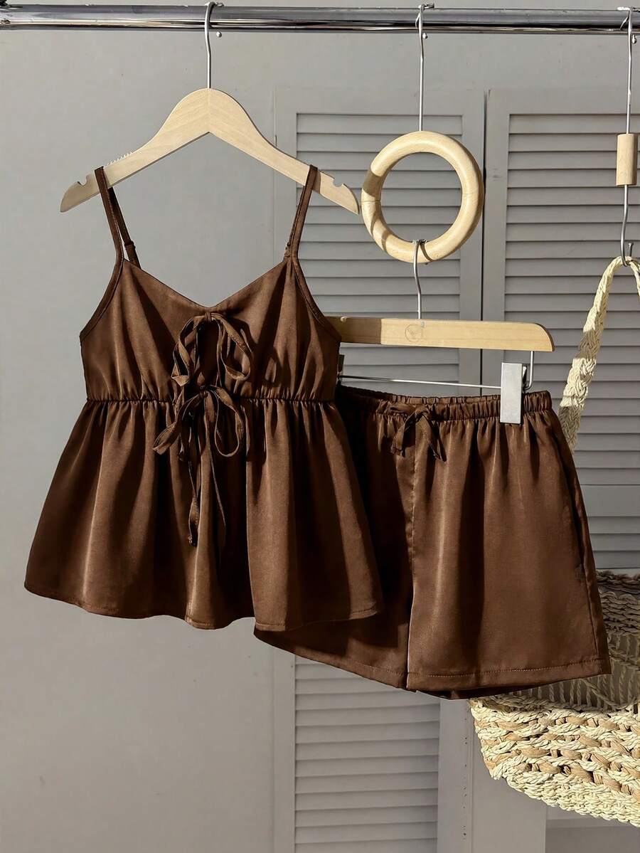 SHEIN 青少年女孩2件套 無袖吊帶條紋背心上衣配蝴蝶結裝飾、彈性腰鬆身休閒短褲,夏季休閒度假學院風套裝 - 棕色 - 查看 1