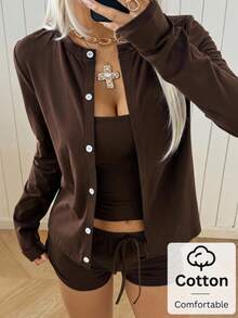 SHEIN EZwear 女士纯色吊带背心、短裤和长袖开衫休闲套装 - 咖啡棕 - 查看 8