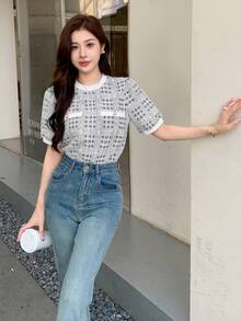 DAZY 春夏秋圓領短袖收腰灰色格紋粗花呢修身女款T恤 - 米色 - 查看 8