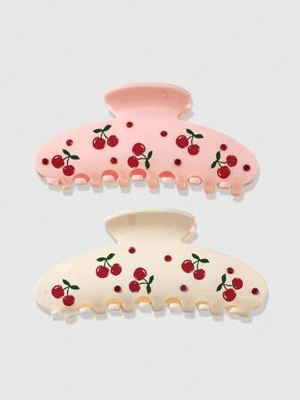 Kawaii 2Pcs Sweet And Cute Wind Cherry Printed Rhinestone Girl Hair Claws, Suitable For Going Out To Play, Leisure Home Versatile Women's Hair Accessories
