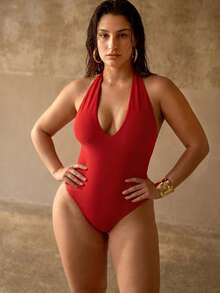 MOTF PREMIUM PLUS SIZE WOMEN'S EXQUISITE ELEGANT HALTER NECK RED RUCHED ROMANTIC METALLIC FAUX FLORAL DECOR FRONT CENTER SPLIT HIGH SLIT ONE-PIECE SWIMSUIT AND COVER UP SKIRT BEACH HOLIDAY ROMANTIC SET - Red - View 3
